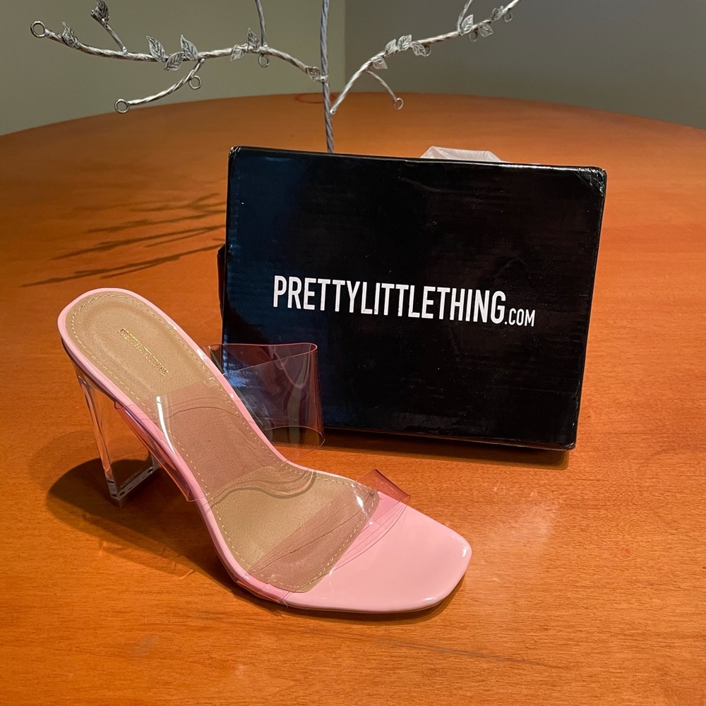 Pink Tinted Clear Twin Strap Mule Heels